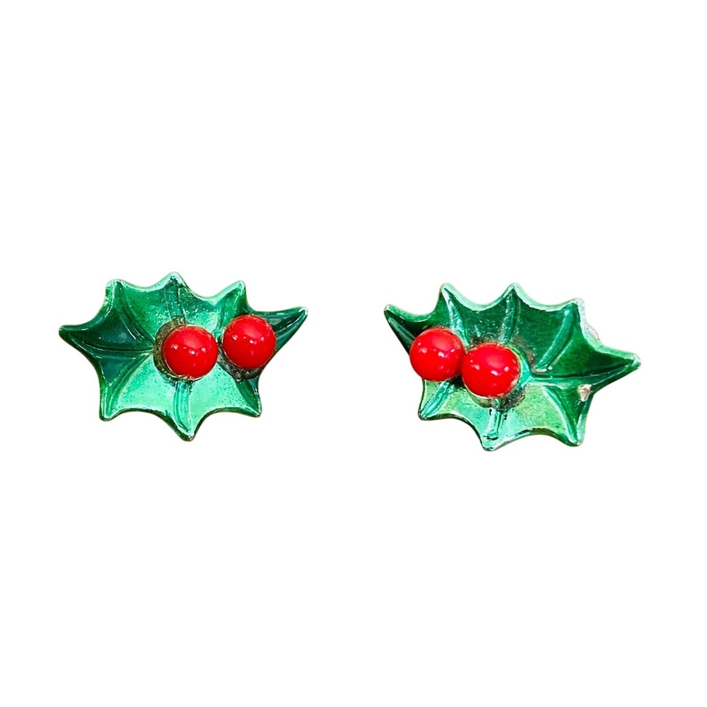 VTG Holly Berry Earrings Screwback MCM Green Red Enamel Christmas Kitschy Retro